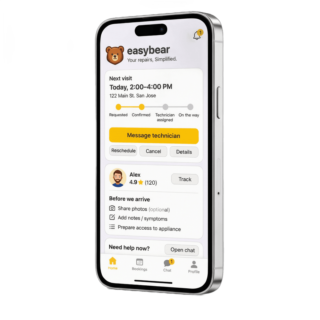 Arcane appliance repair booking app showing same-day service availability