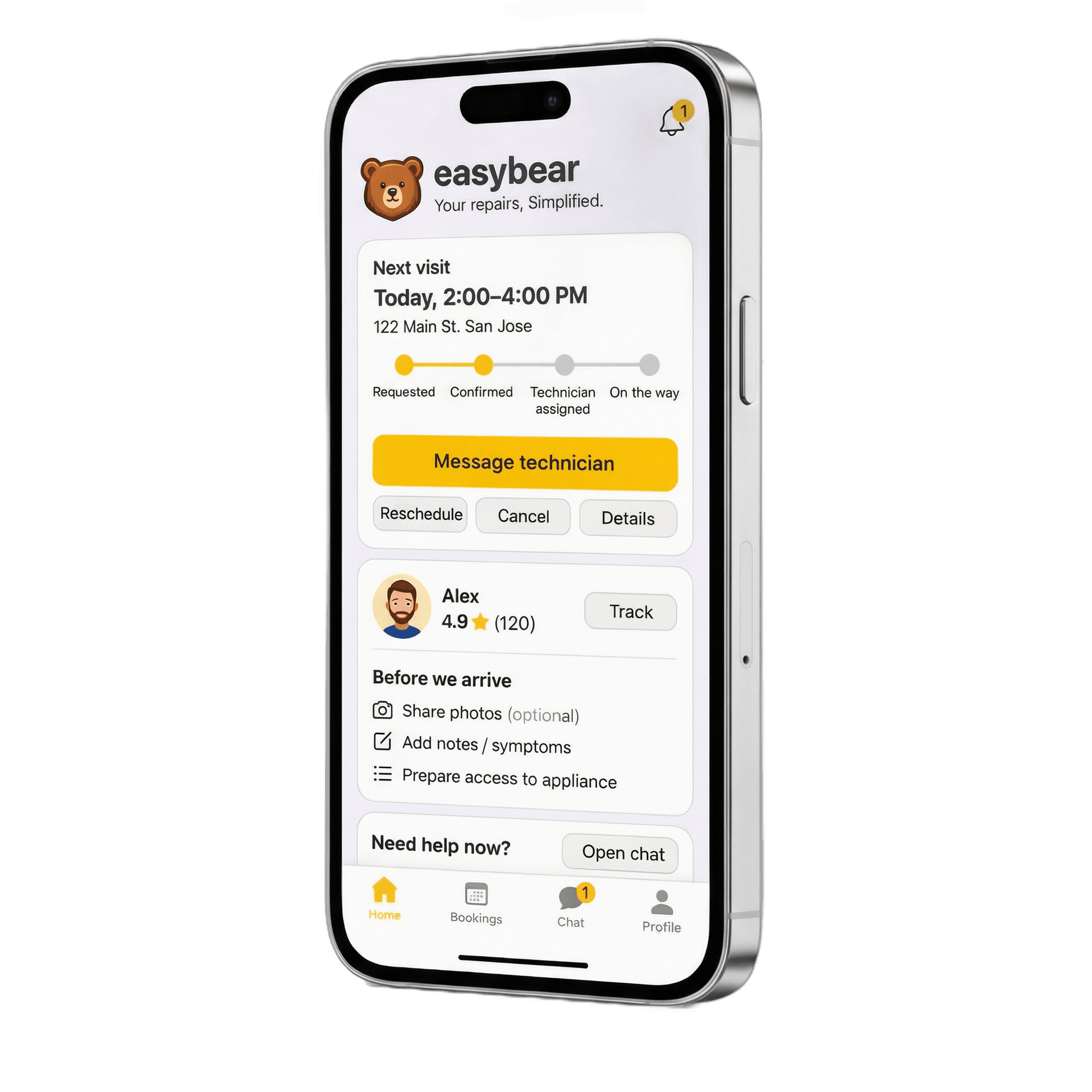 Arcane appliance repair booking app showing same-day service availability